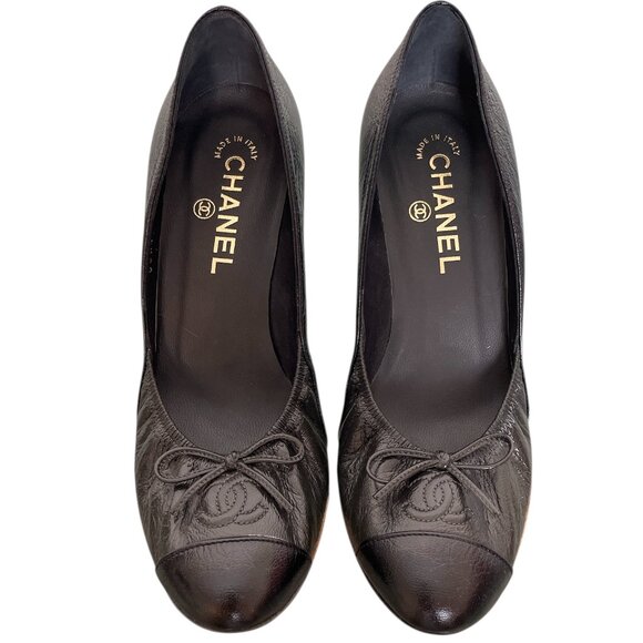 CHANEL Classic CC Logo Cap Toe Bow Elastic Pumps Heels \\ 37.5 - Picture 3 of 12